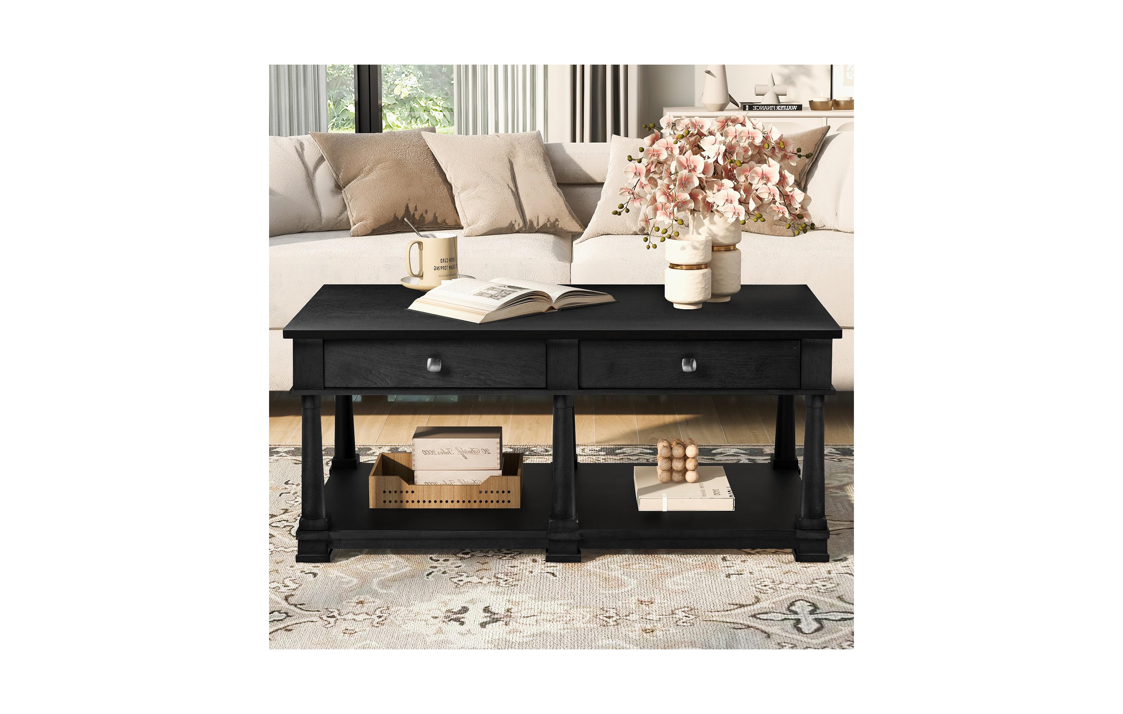 Clihome Farmhouse Wooden Coffee Table with 2 Storage Drawers and Lower Open Shelf