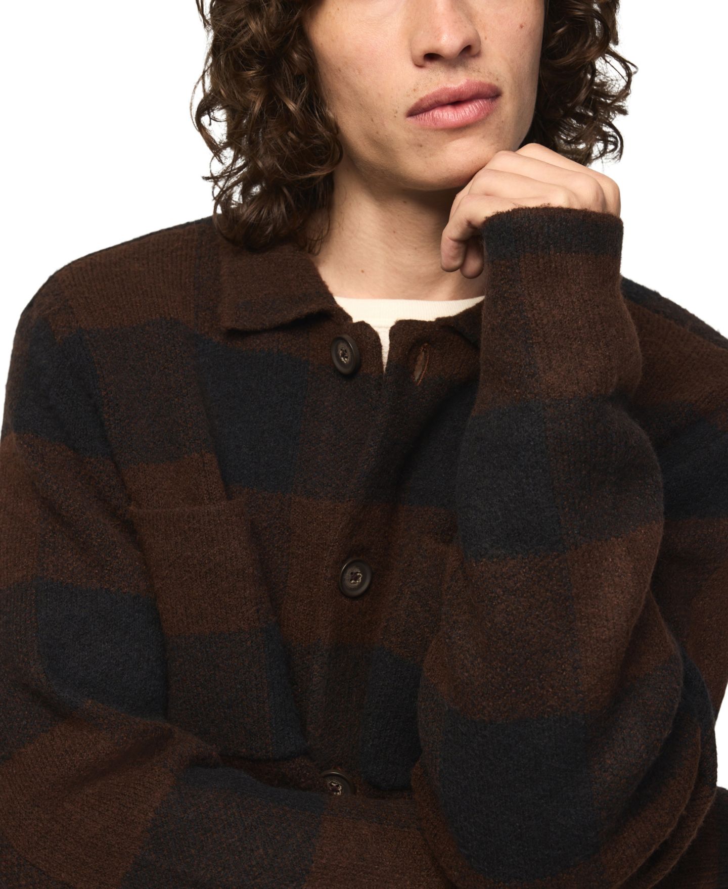 Мужской кардиган Lucky Brand Plaid Birdseye Jacquard Knit Button-Down, цвет: Кофейный — фото 4