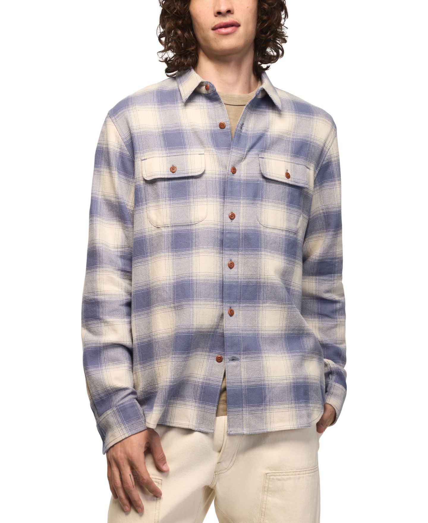 Мужская рубашка Lucky Brand Cloud Soft Plaid Flannel Long-Sleeve, цвет: Синий клетчатый — фото 1