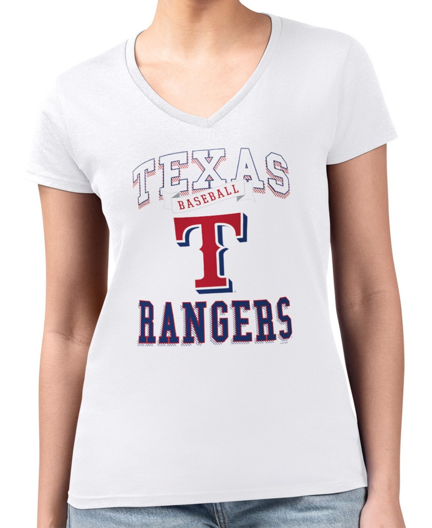 Women's White Texas Rangers Super-Slim Fit Lightweight Team Logo Graphic V-Neck T-Shirt