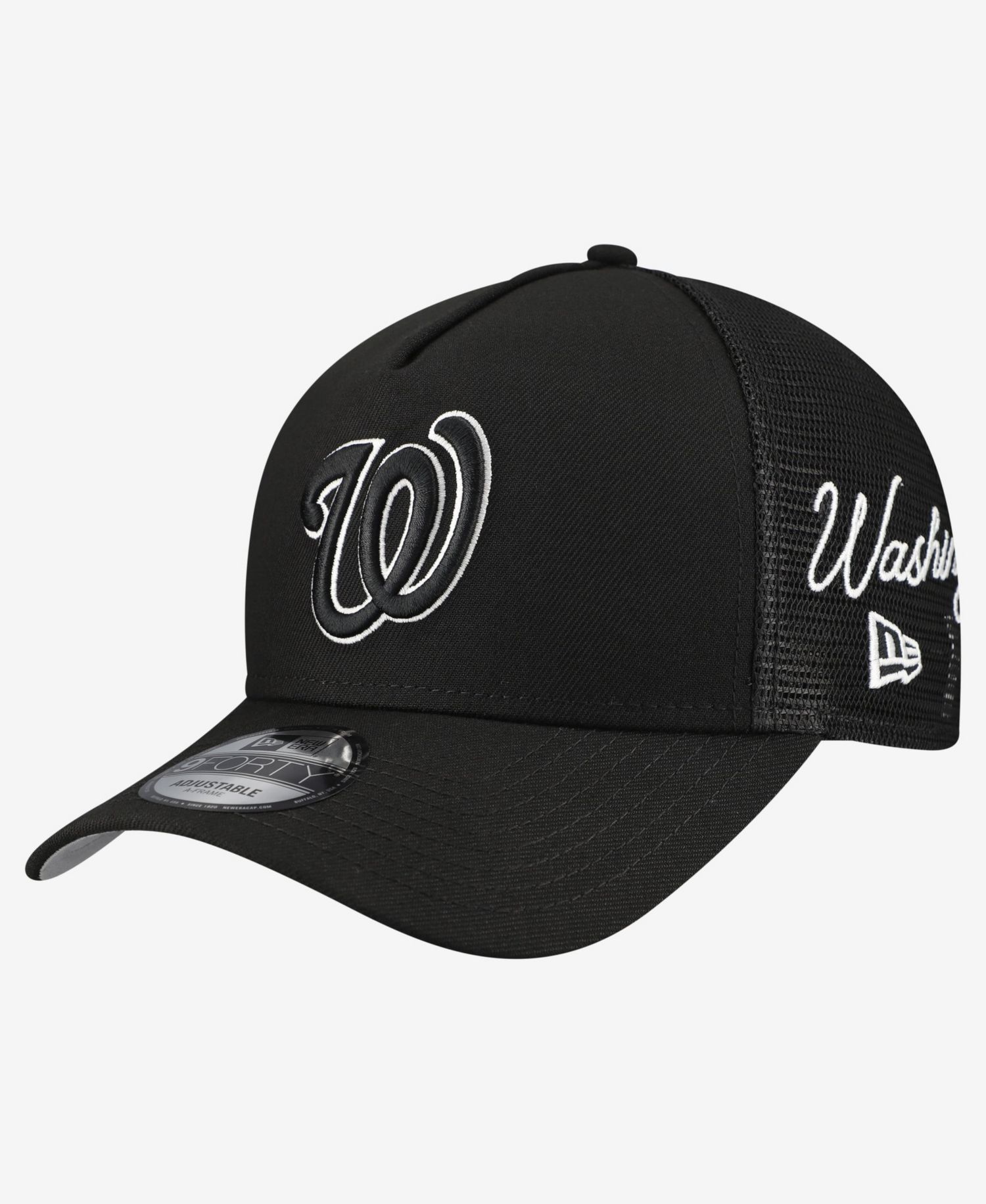 Men's Black Washington Nationals Side Script 9FORTY A-Frame Trucker Adjustable Hat