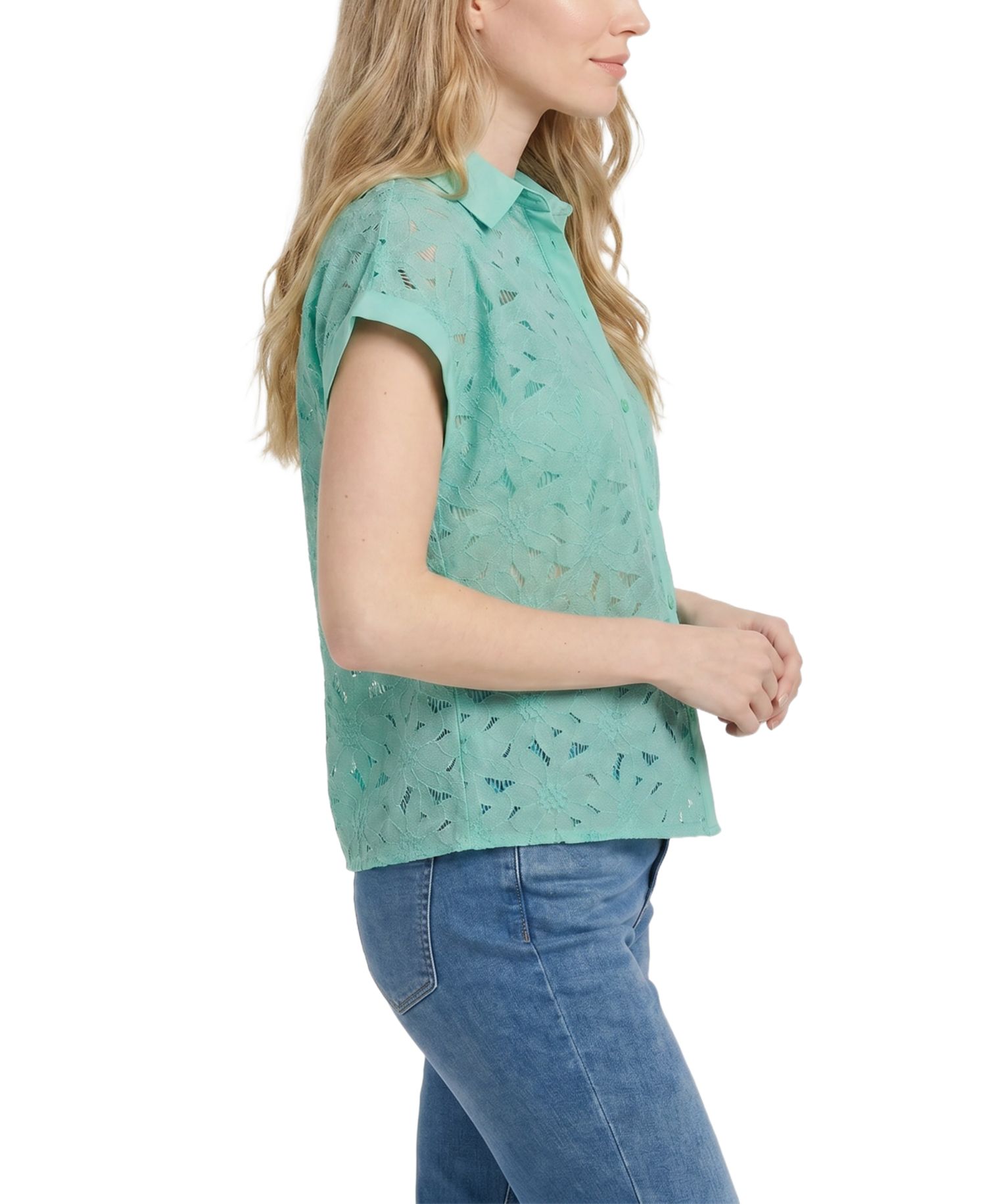 Women's Short-Sleeve Point-Collar Button-Down Top