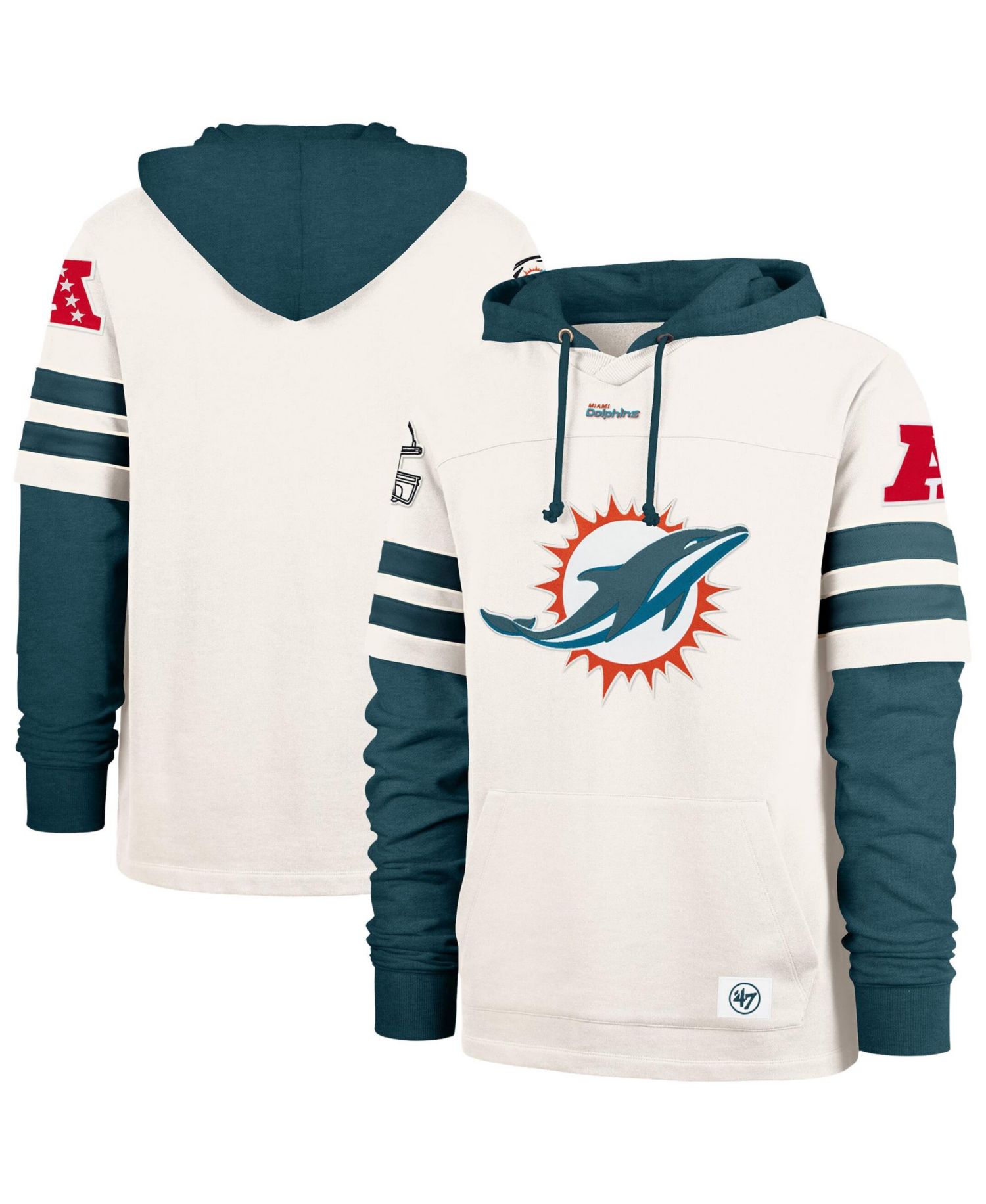 Men's '47 Cream Miami Dolphins Split Zone Cornerback Duo Lacer Hoodie