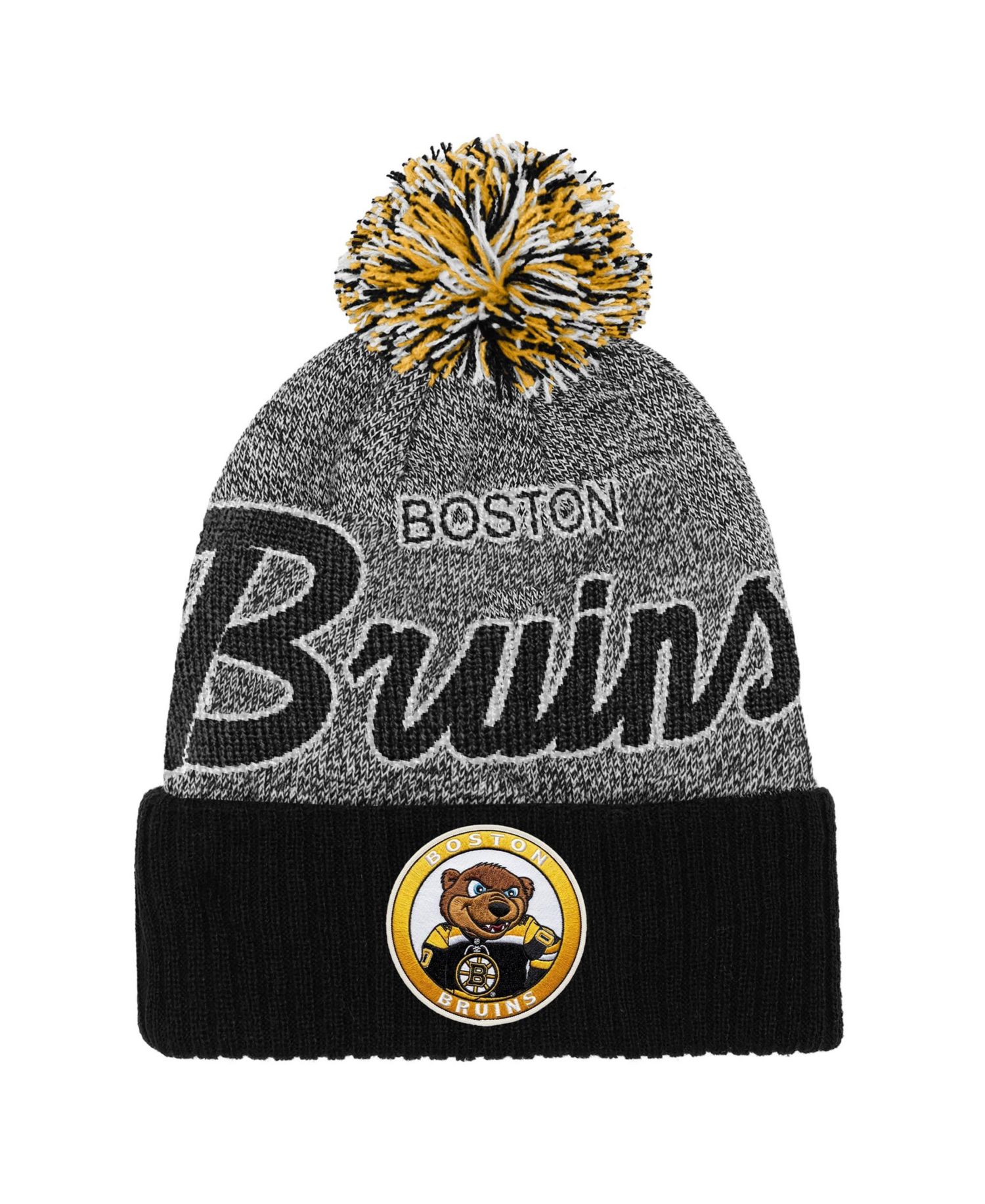 Big Boys and Girls Black/Gray Boston Bruins Mascot Cuffed Knit Hat with Pom