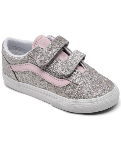 Детские низкие кеды Vans Old Skool V с блёстками на липучках для девочек, Finish Line, цвет: Серебристый / Розовый
