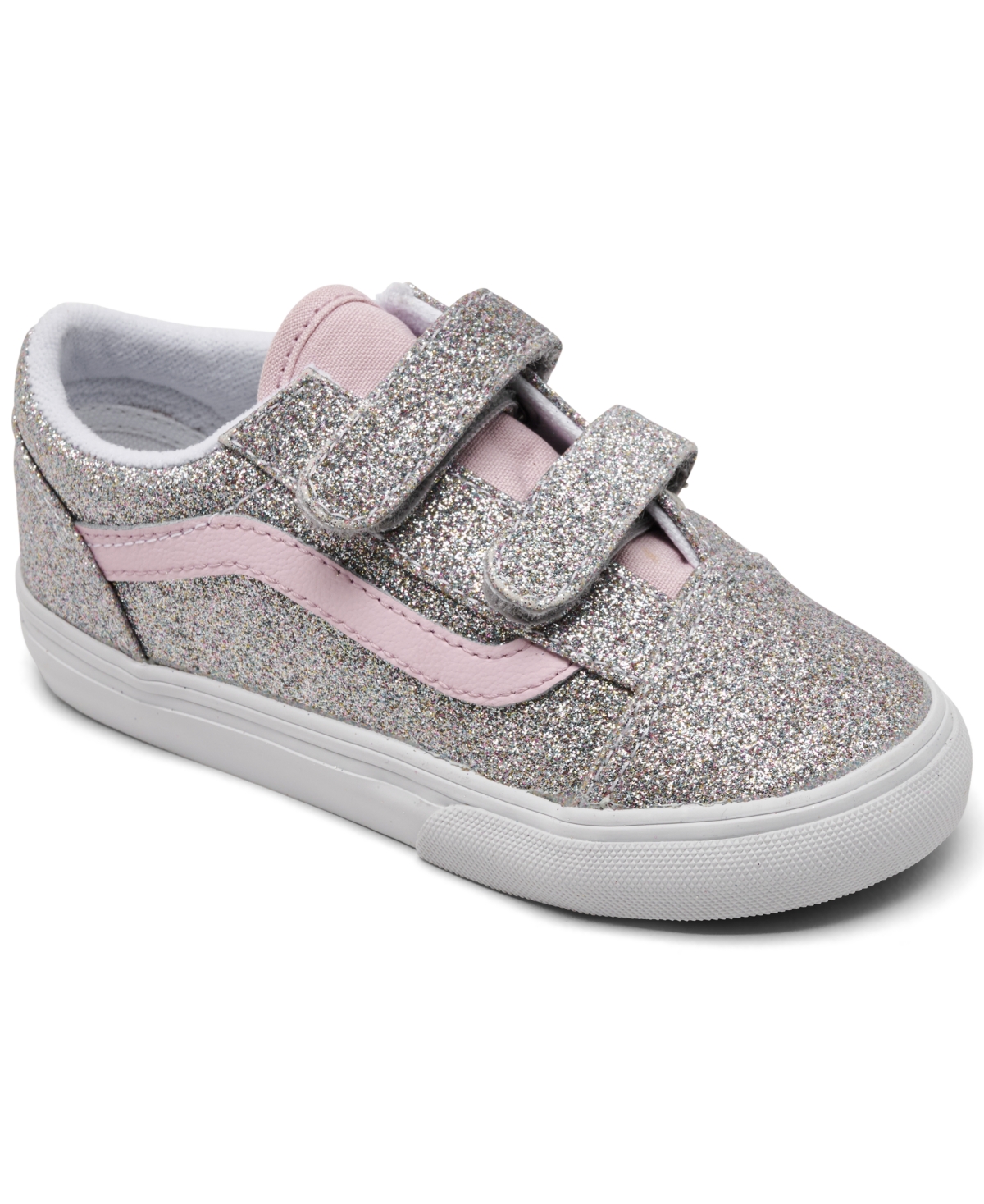 Vans Toddler Girls' Old Skool V Glitter Low-Profile Hook-and-Loop Sneakers from Finish Line - Silver, Pale Petal