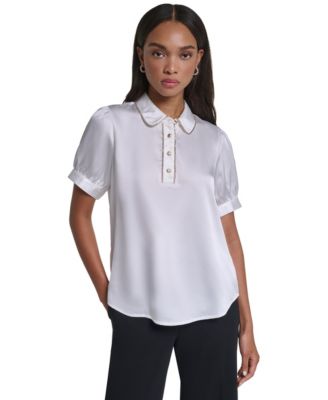 Women's Short-Sleeve Satin Crystal-Embellished Collared Blouse