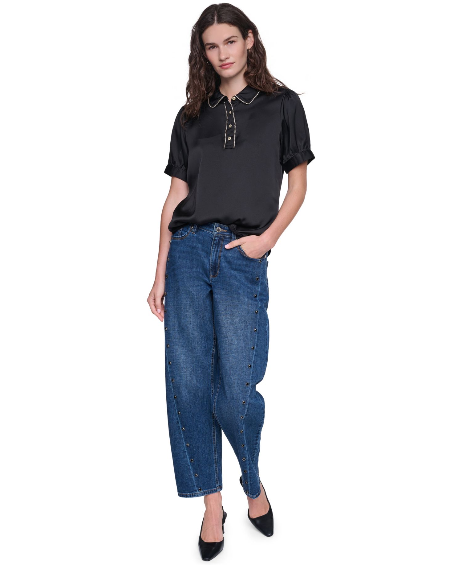 Women's Short-Sleeve Satin Crystal-Embellished Collared Blouse