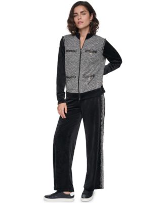 Women's Full-Zip Mock-Neck Tweed Sweater and Velour Tweed-Side-Tape Mid-Rise Joggers