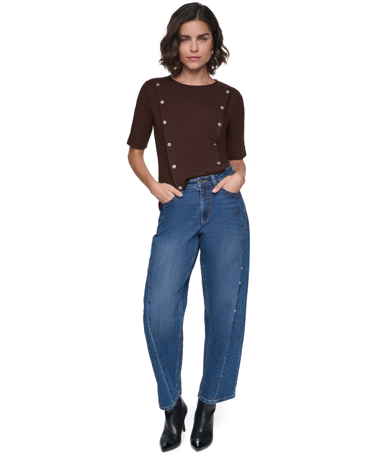 Petite Short-Sleeve Crewneck Ribbed-Knit Cotton-Blend Sweater