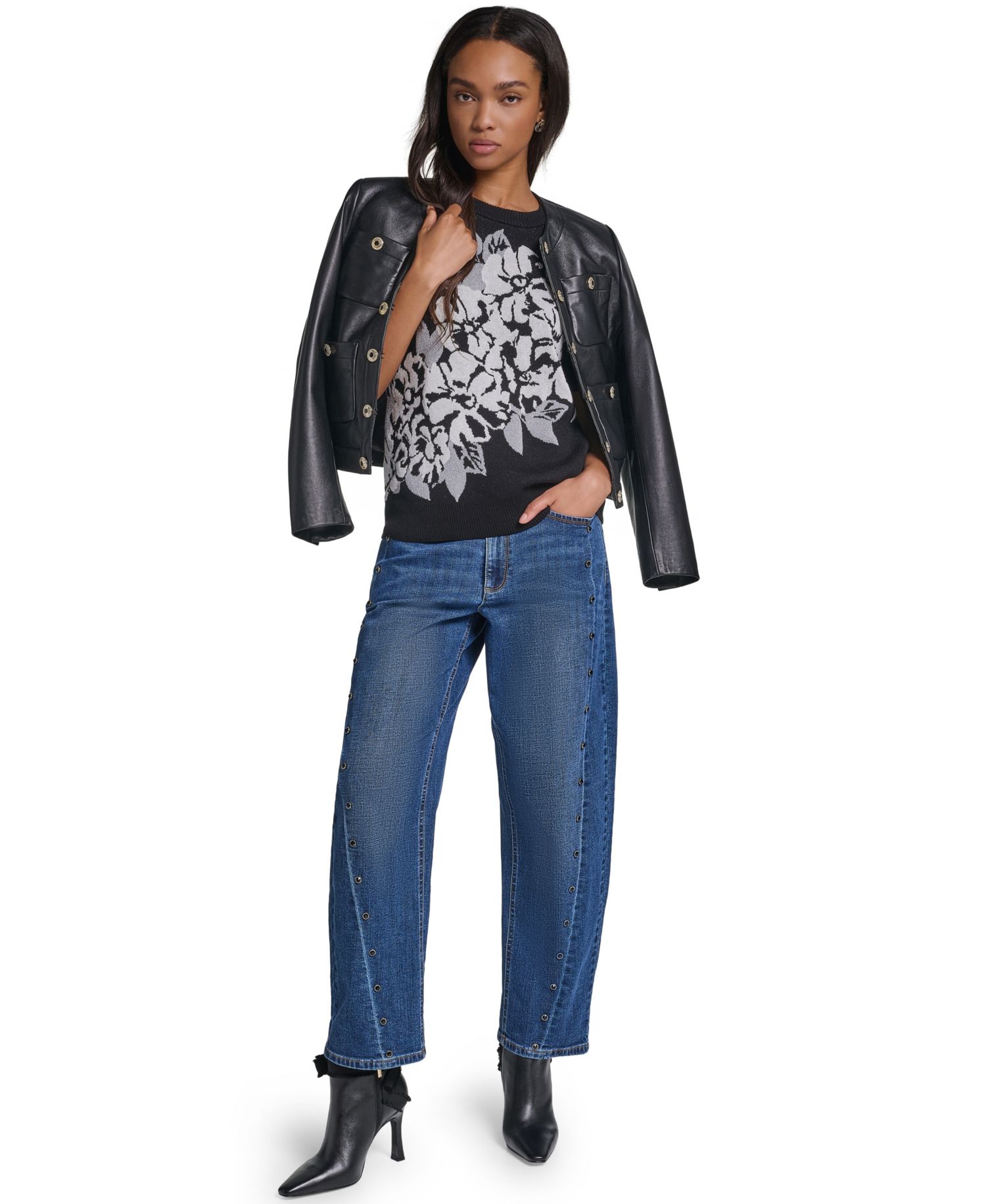 Women's Rose Crewneck Short-Sleeve Floral-Print Sweater