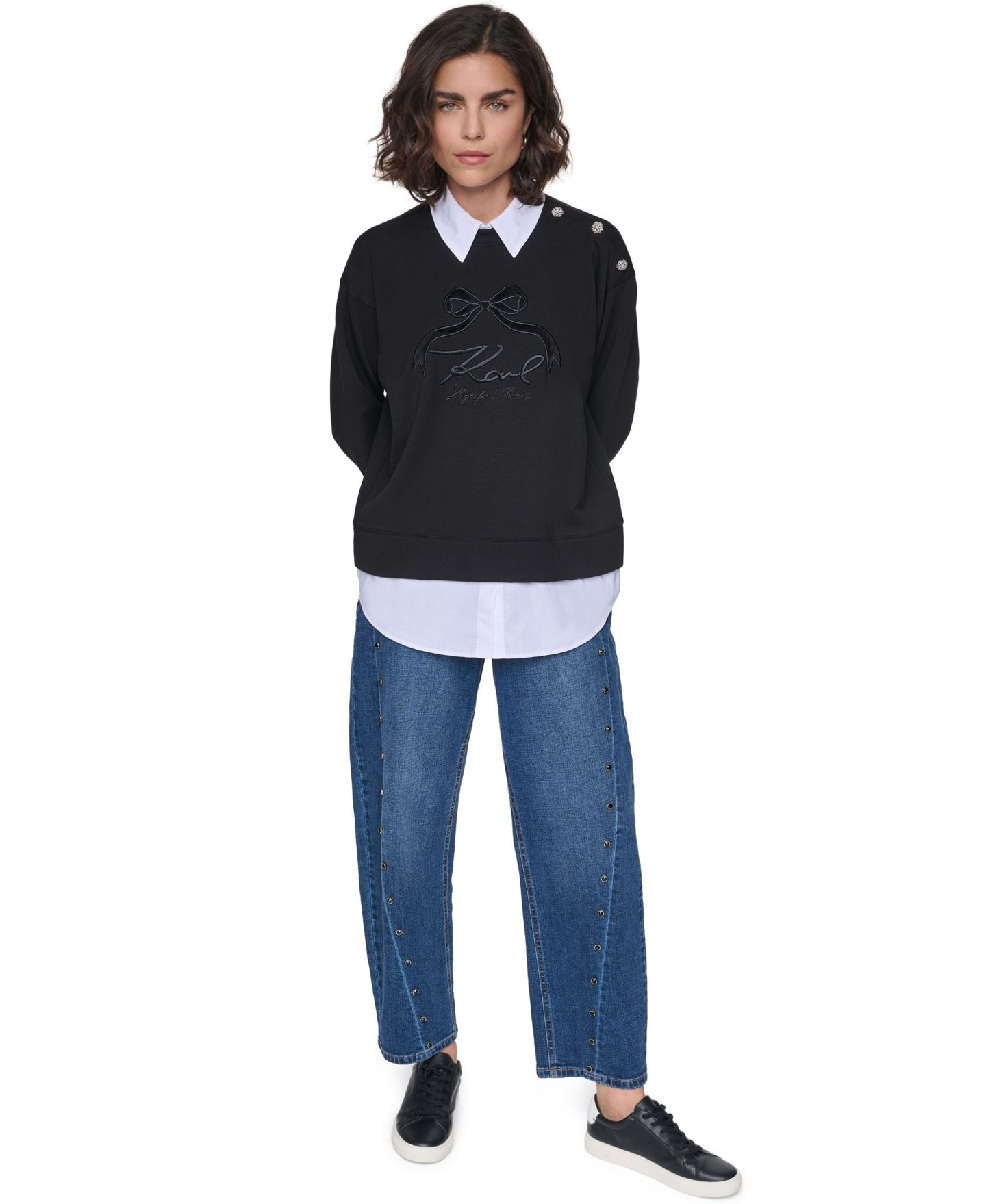 Женская толстовка KARL LAGERFELD PARIS Collared Twoffer Oversized Logo-Embroidered, цвет: Чёрный — фото 3