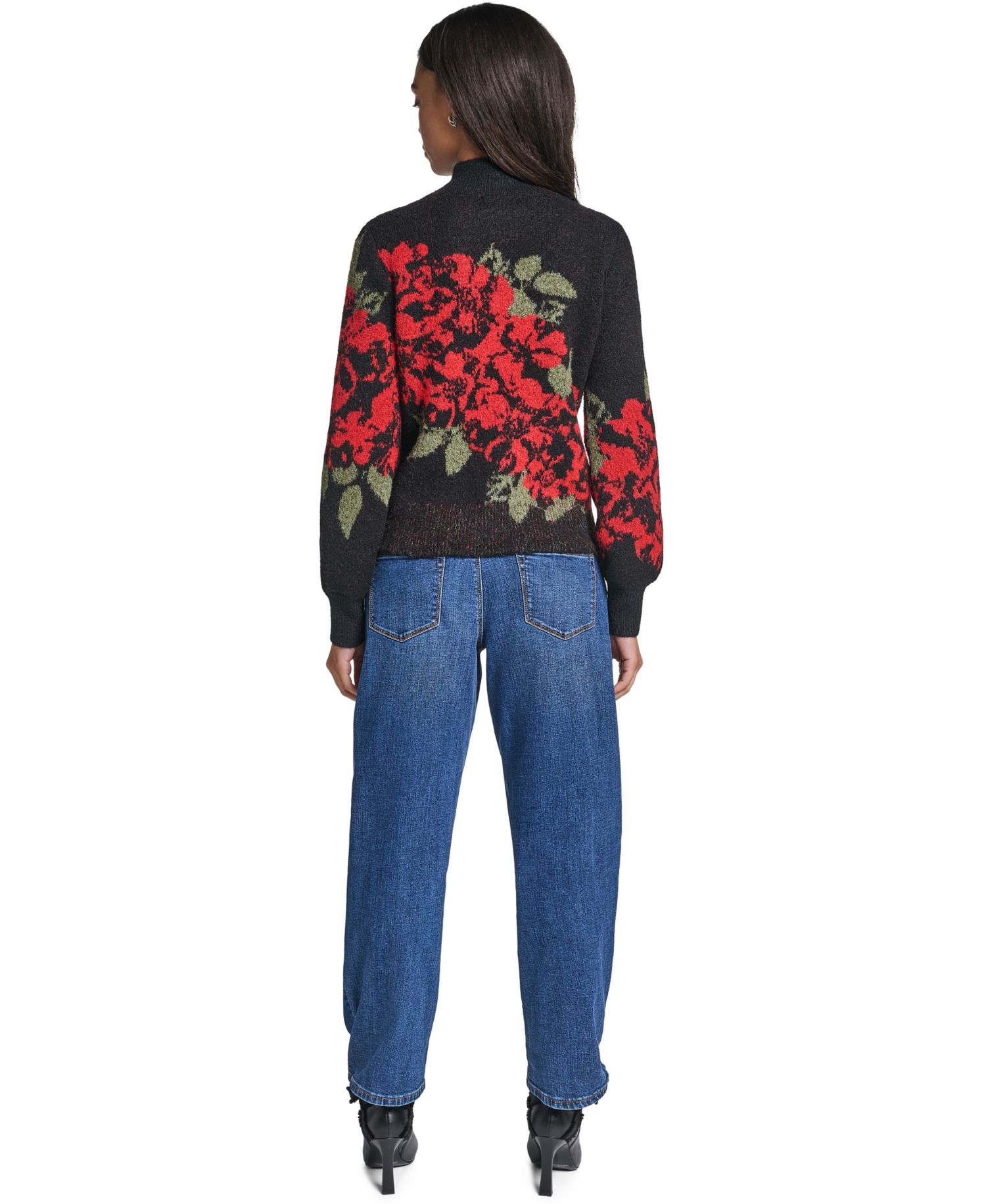 Women's Rose Floral-Print Mock Neck Pullover Sweater