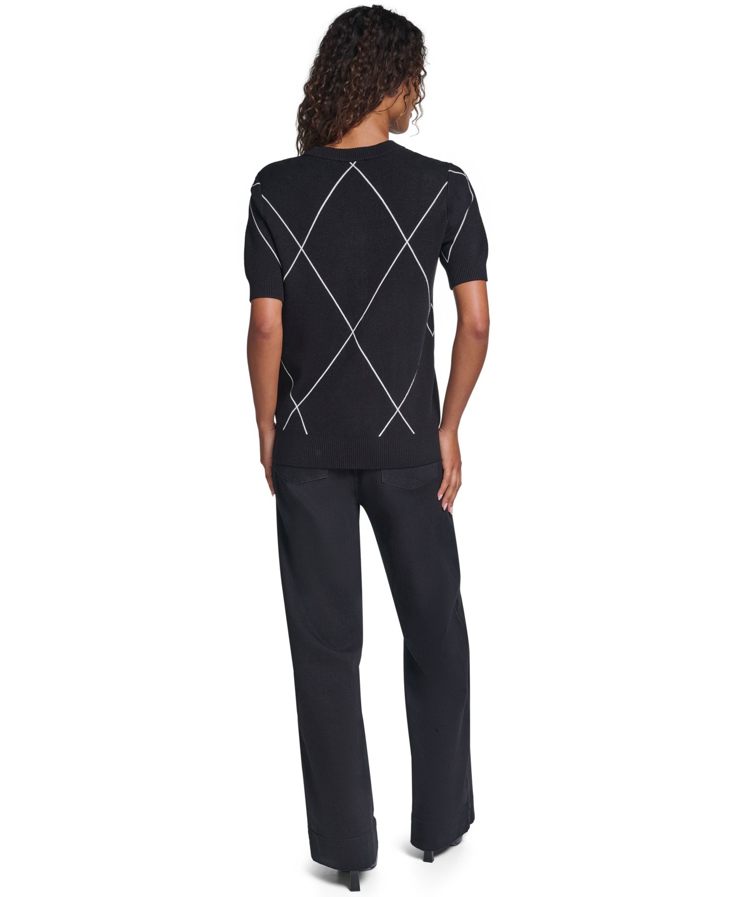 Women's Argyle 3D Bow Short-Sleeve Crewneck Sweater