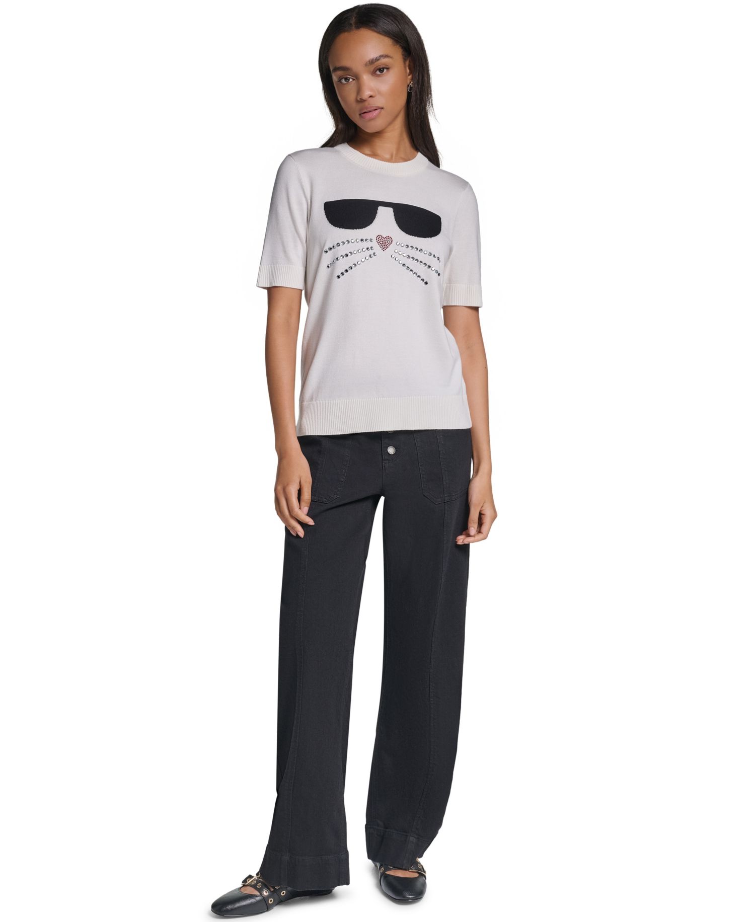 Women's Choupette Crewneck Short-Sleeve Rhinestone Graphic Sweater