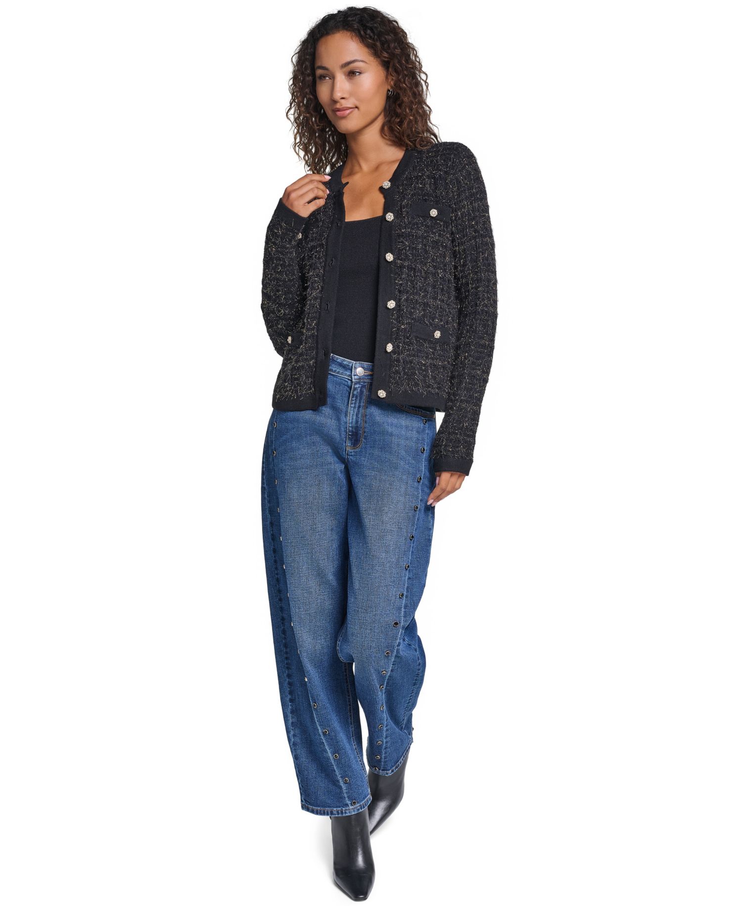 Women's Eyelash-Knit Metallic Crewneck Long-Sleeve Cardigan Sweater