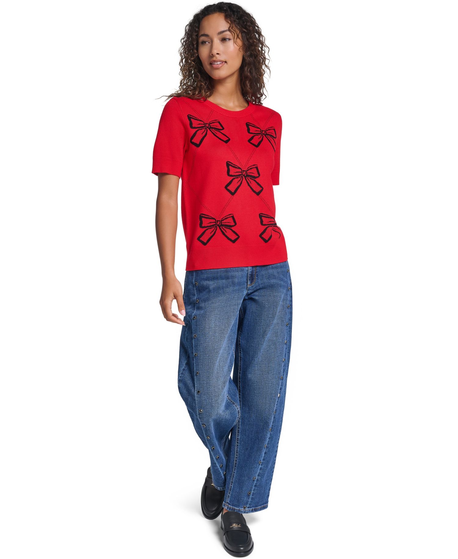 Women's Argyle 3D Bow Short-Sleeve Pullover Sweater