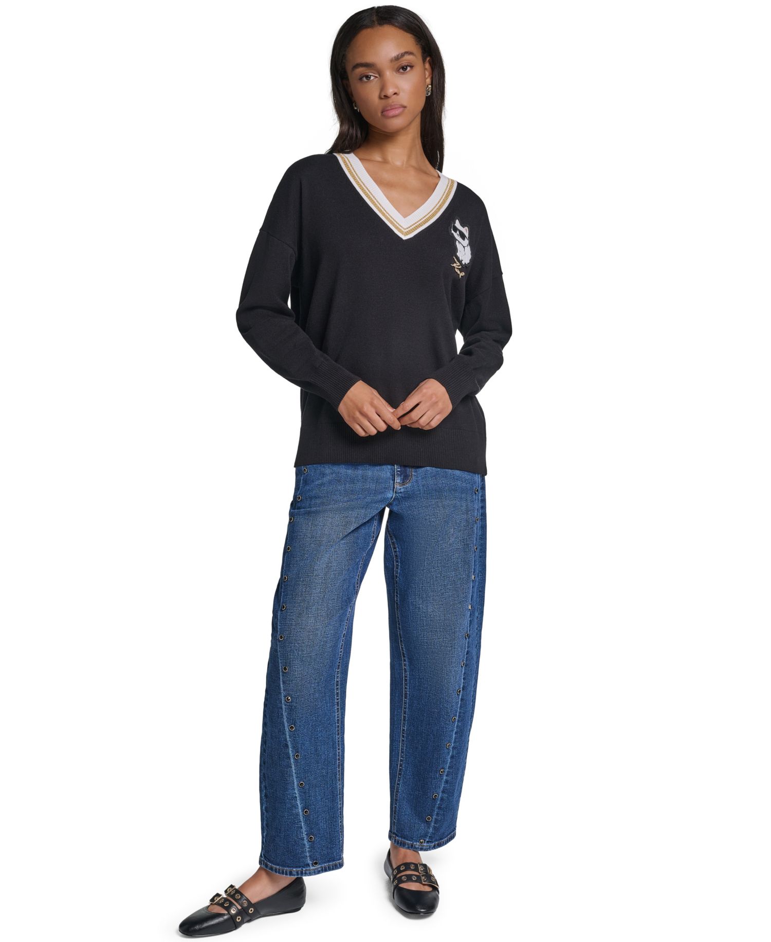 Women's Karl Patches Long-Sleeve Graphic-Patch V-Neck Sweater