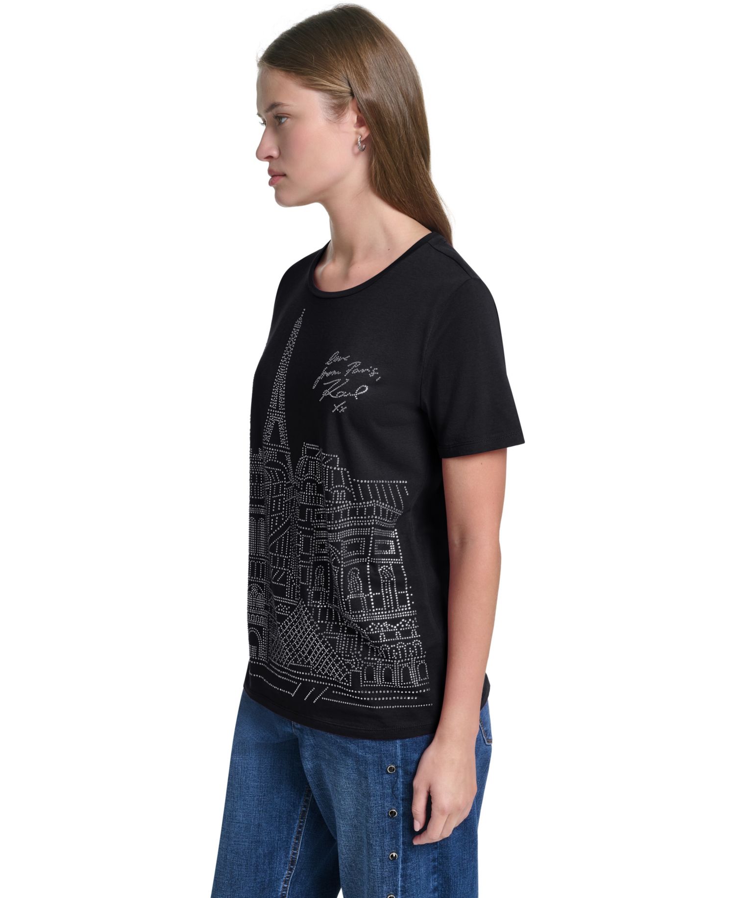 Women's Sparkle Paris Scene Crewneck Short-Sleeve T-Shirt
