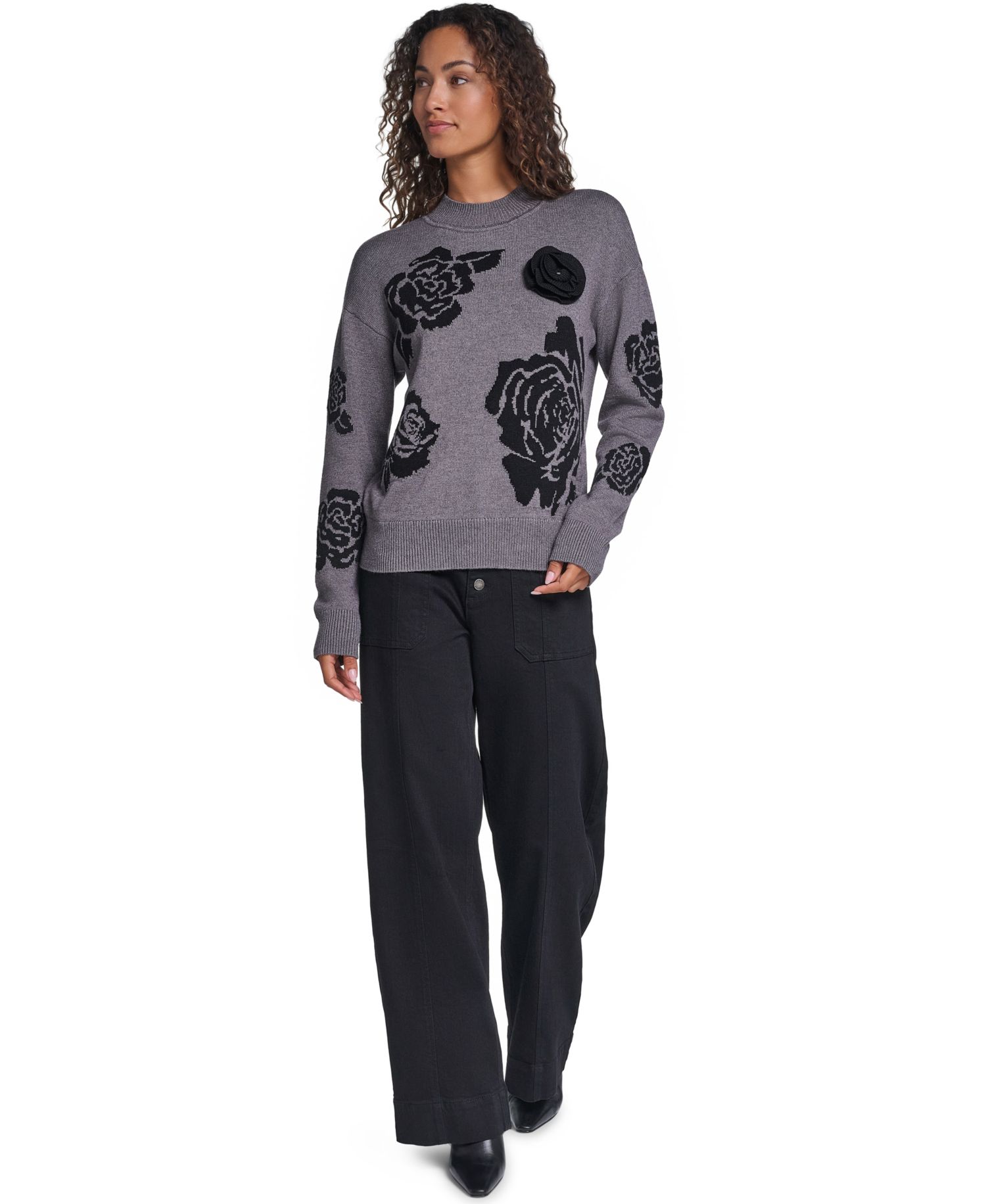 Women's Mock-Neck Long-Sleeve Floral Sweater