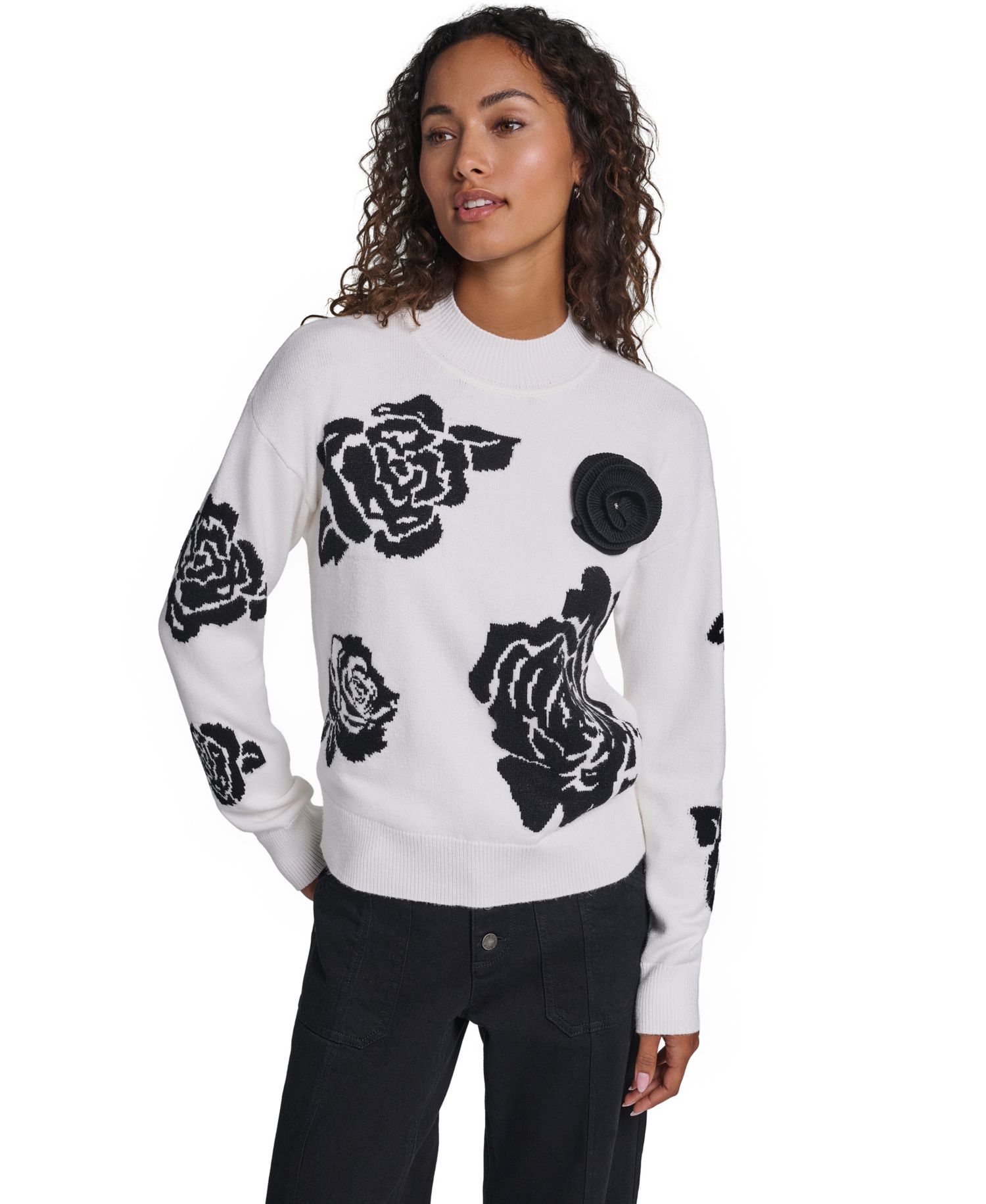 Women's Mock-Neck Long-Sleeve Floral Sweater