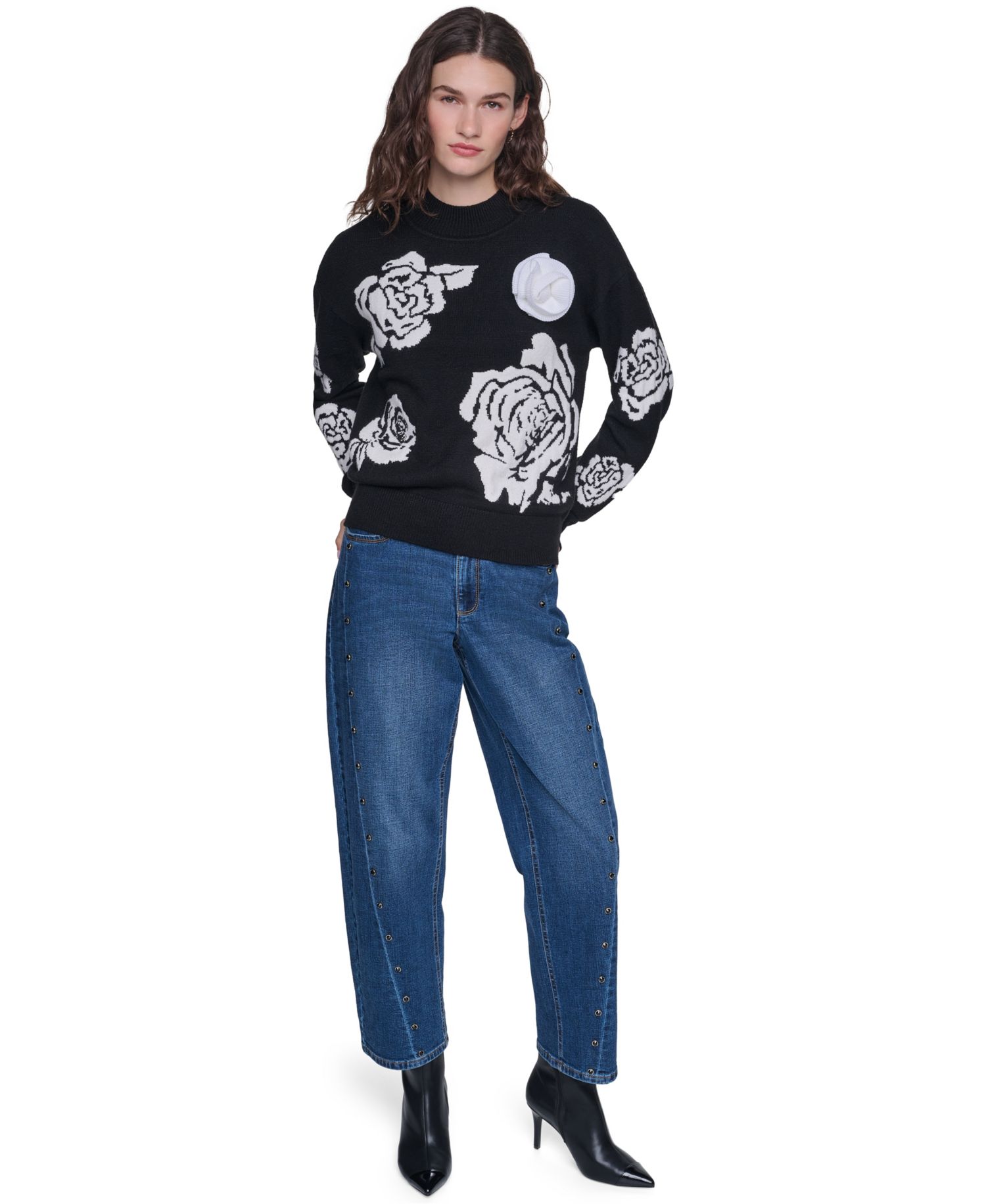 Women's Mock-Neck Long-Sleeve Floral Sweater