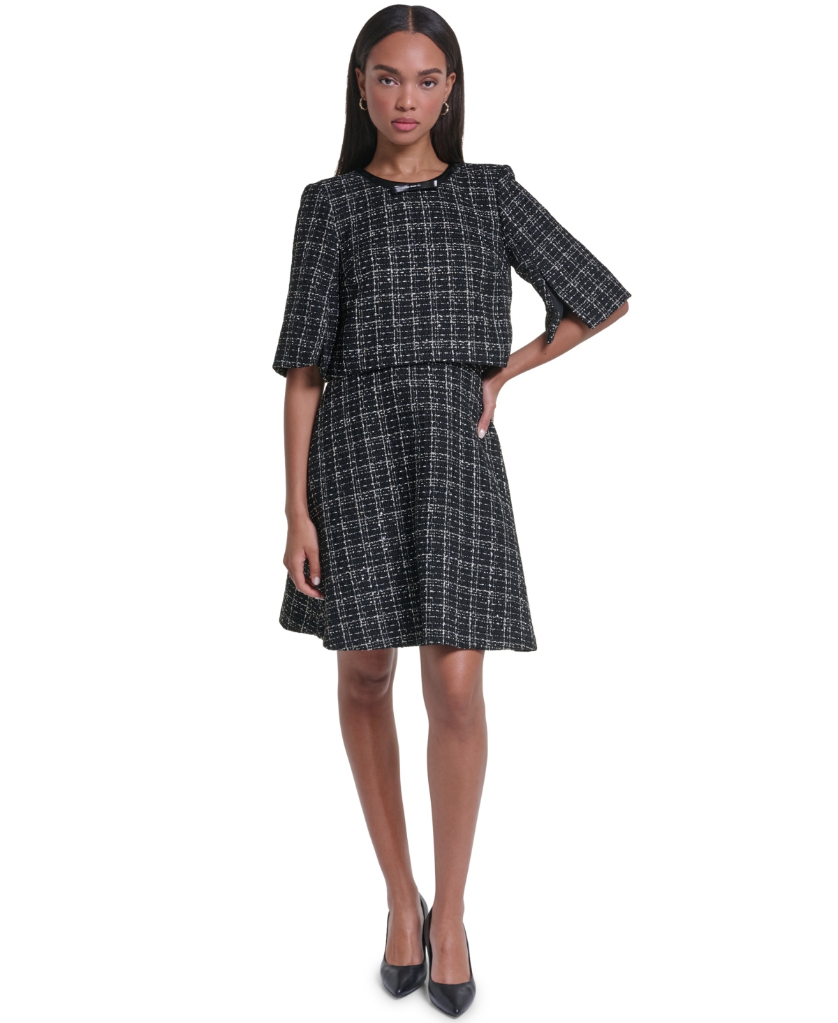 Karl Lagerfeld Paris Women's Plaid Tweed Short-Sleeve Dress - Black/Gold Multi