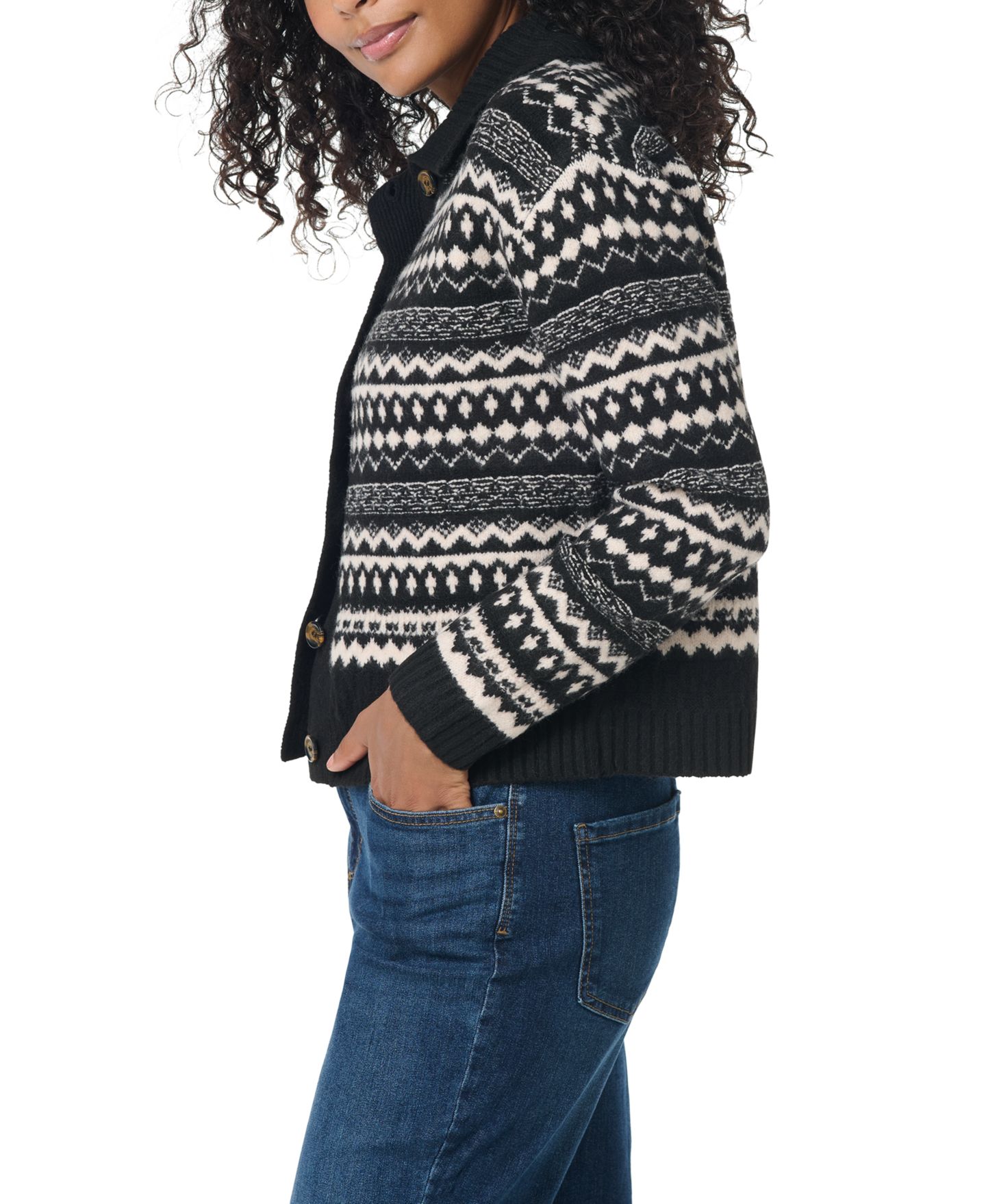 Женский кардиган Gloria Vanderbilt Fair Isle Sweater Cardigan, цвет: Чёрный белый комбинированный — фото 4