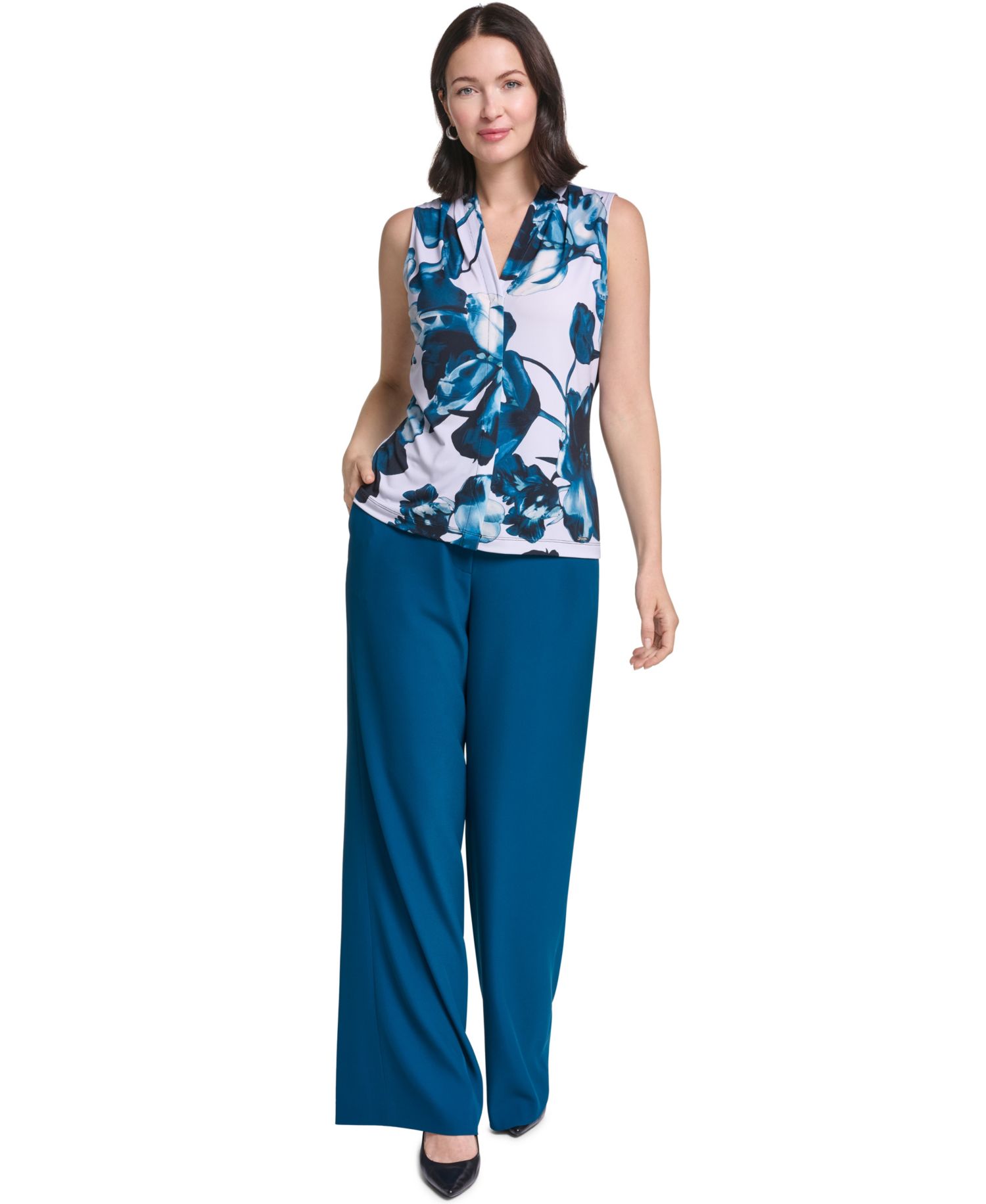 Women's Floral Pintuck V-Neck Blouse