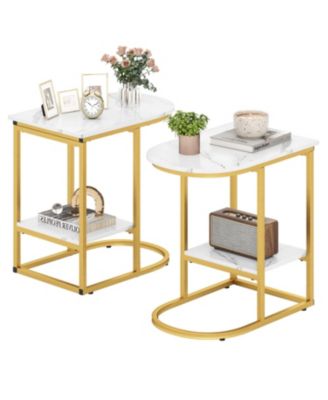 C Shaped Modern Sofa Side Table with Storage Shelf Faux and Marble Tabletop