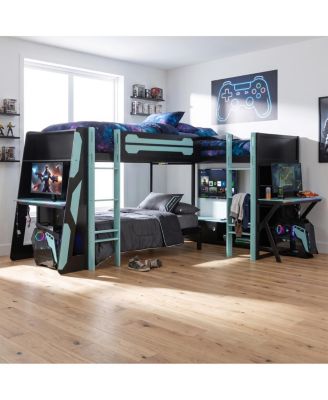 L-Shaped Wooden Twin Gaming Bed with RGB Lights, USB, and Storage