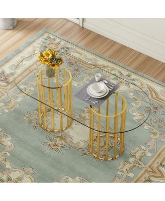 Oval Tempered Glass Dining Table Double Column Light Luxury Table