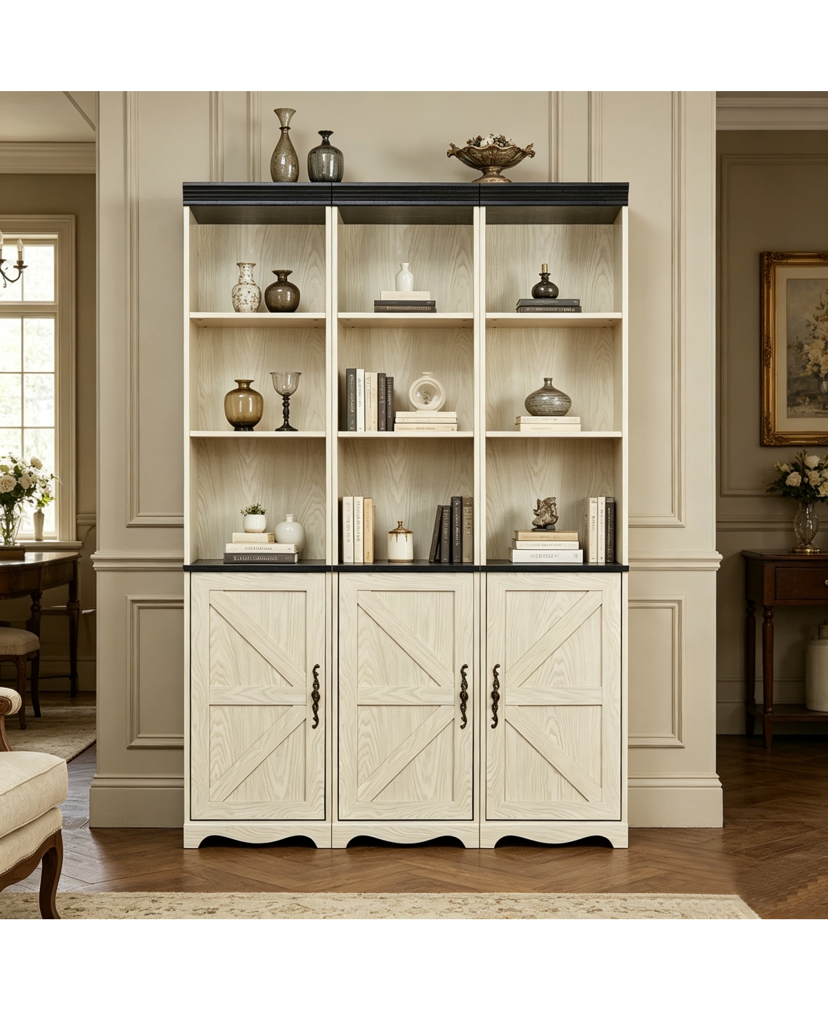 Streamdale Furniture Farmhouse 3-in-1 Combined Storage Cabinet and Bookshelf with Adjustable Shelves - White