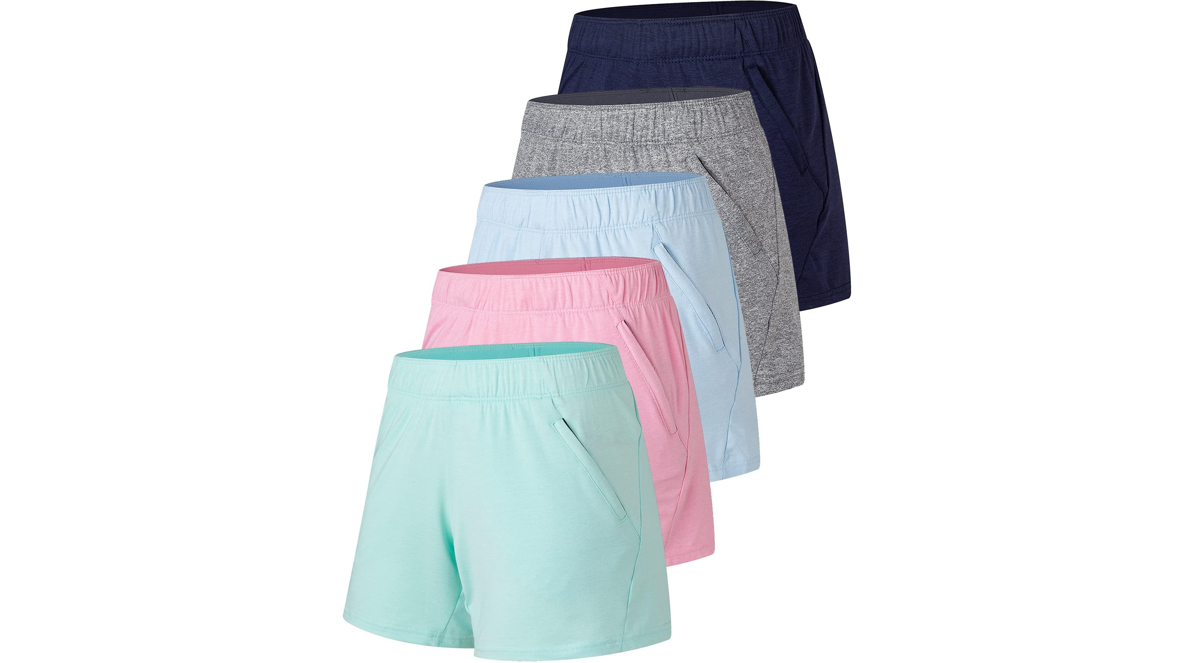 Furlihong Women's Mid-Thigh Zipper Pocket Athletic Shorts, 5" Inseam, 5-Pack
