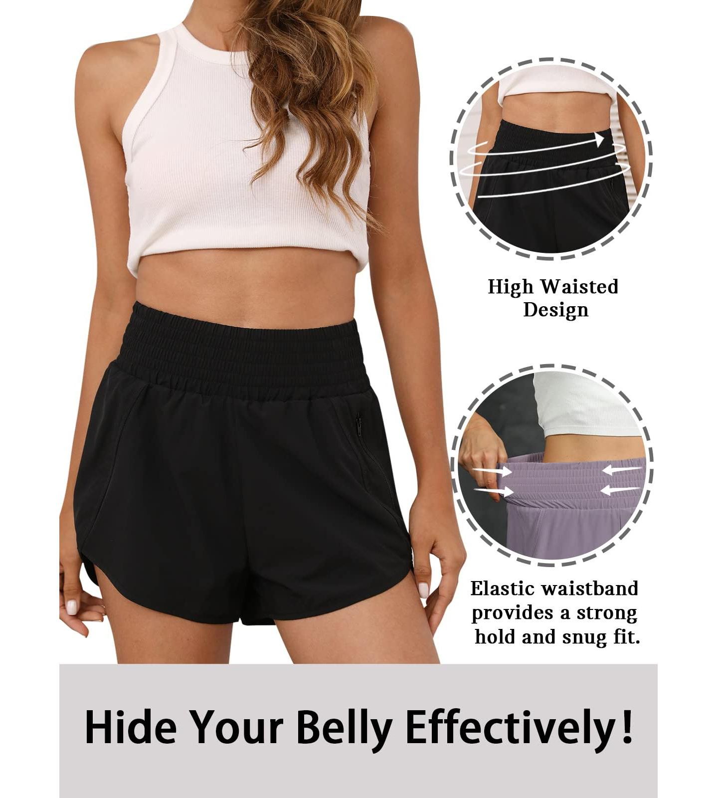 Женские шорты Furlihong Women High Waisted Athletic Shorts Quick Dry Zipper Pocket Double Layer, цвет: Чёрный средний — фото 5