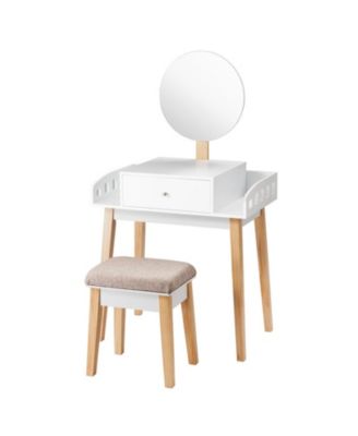 Pine-Leg Vanity Desk and Stool Set with Adjustable Mirror