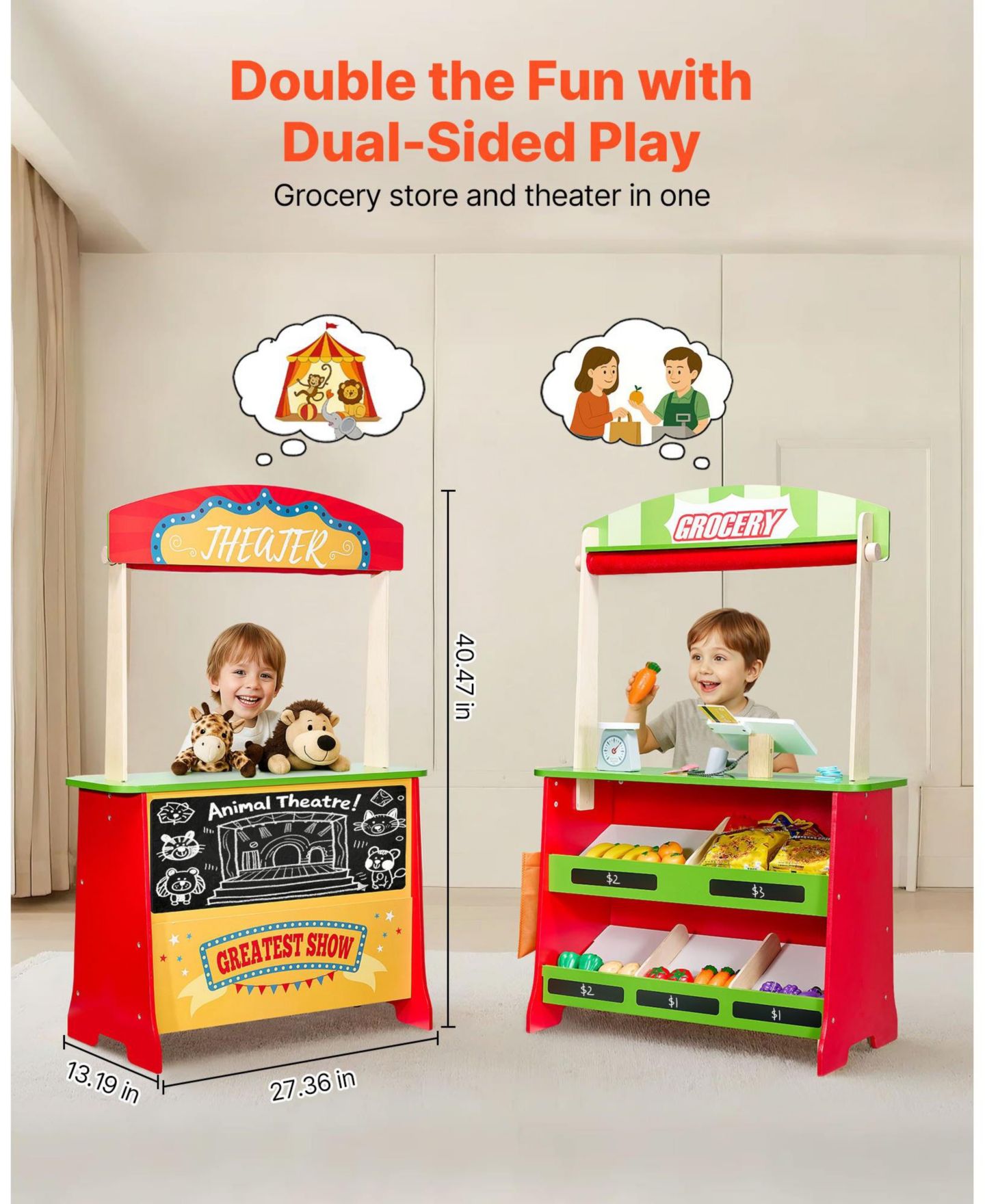 Детский игровой набор Mecale Puppet Theater and Grocery Store 2-in-1 Reversible 35-Piece Playset, Ages 3+, цвет: Красный — фото 3