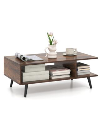 Mid Century Modern Rectangle Coffee Table 2 Tier Accent Table with 2 Open Compartments