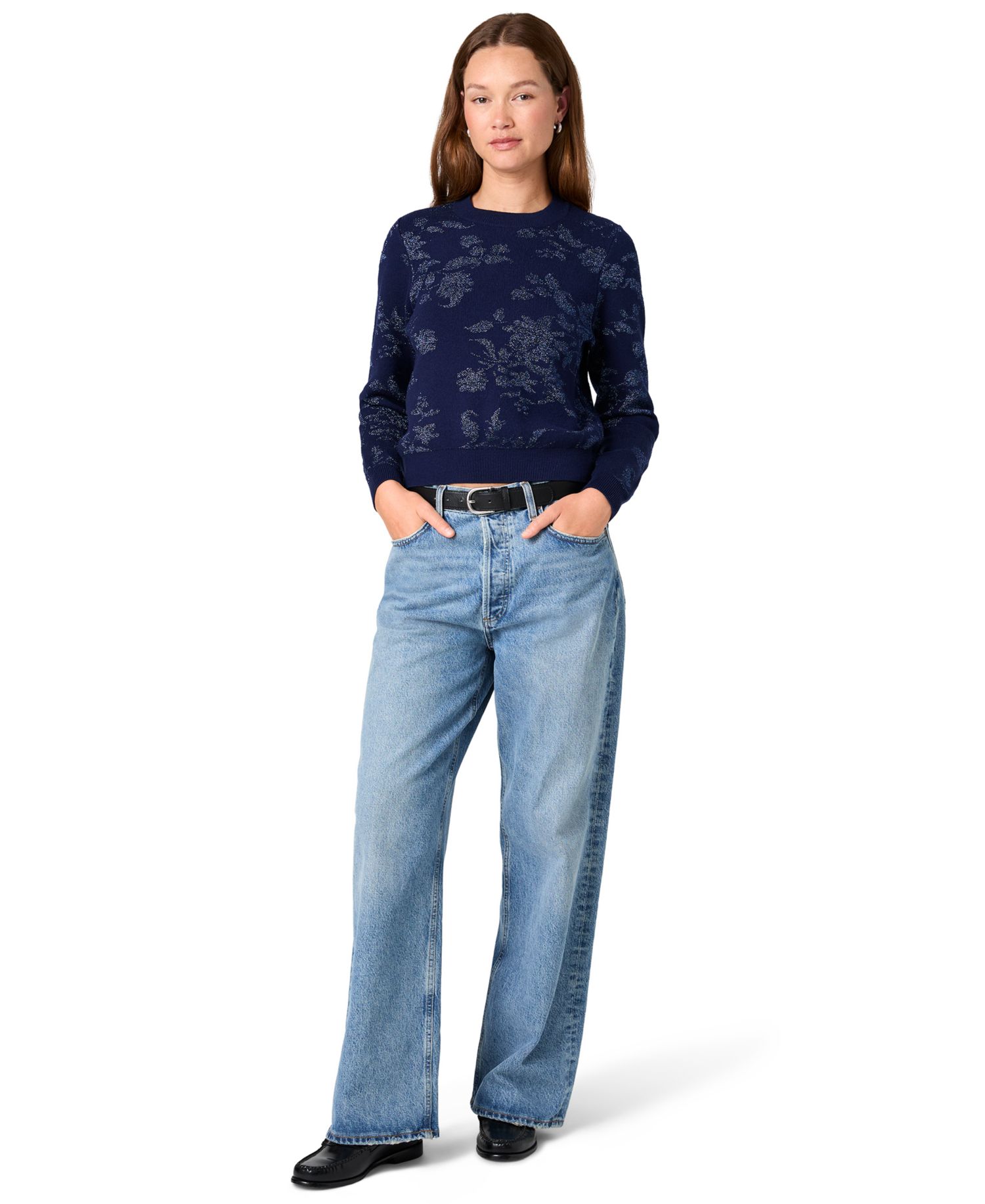 Women's Rory Fleur Long-Sleeve Floral-Print Metallic Pullover