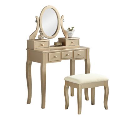 Wood Makeup Vanity Table and Stool Set, 5 Lined Drawers, Adjustable Oval Mirror, 32 Inch