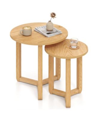 Round Nesting Coffee Table Set of 2 Wood Nesting End Tables with Thickened Top