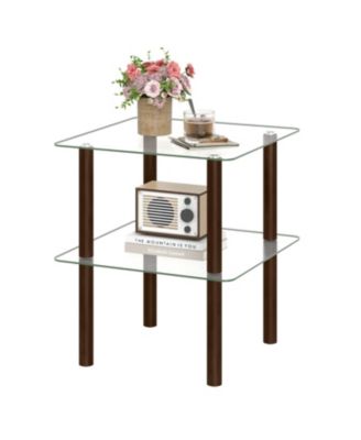 2 Tier Square End Table with Shelf and Clear Tempered Glass Top