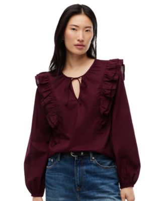 Women's Frill Detail Long-Sleeve Tie-Neck Top