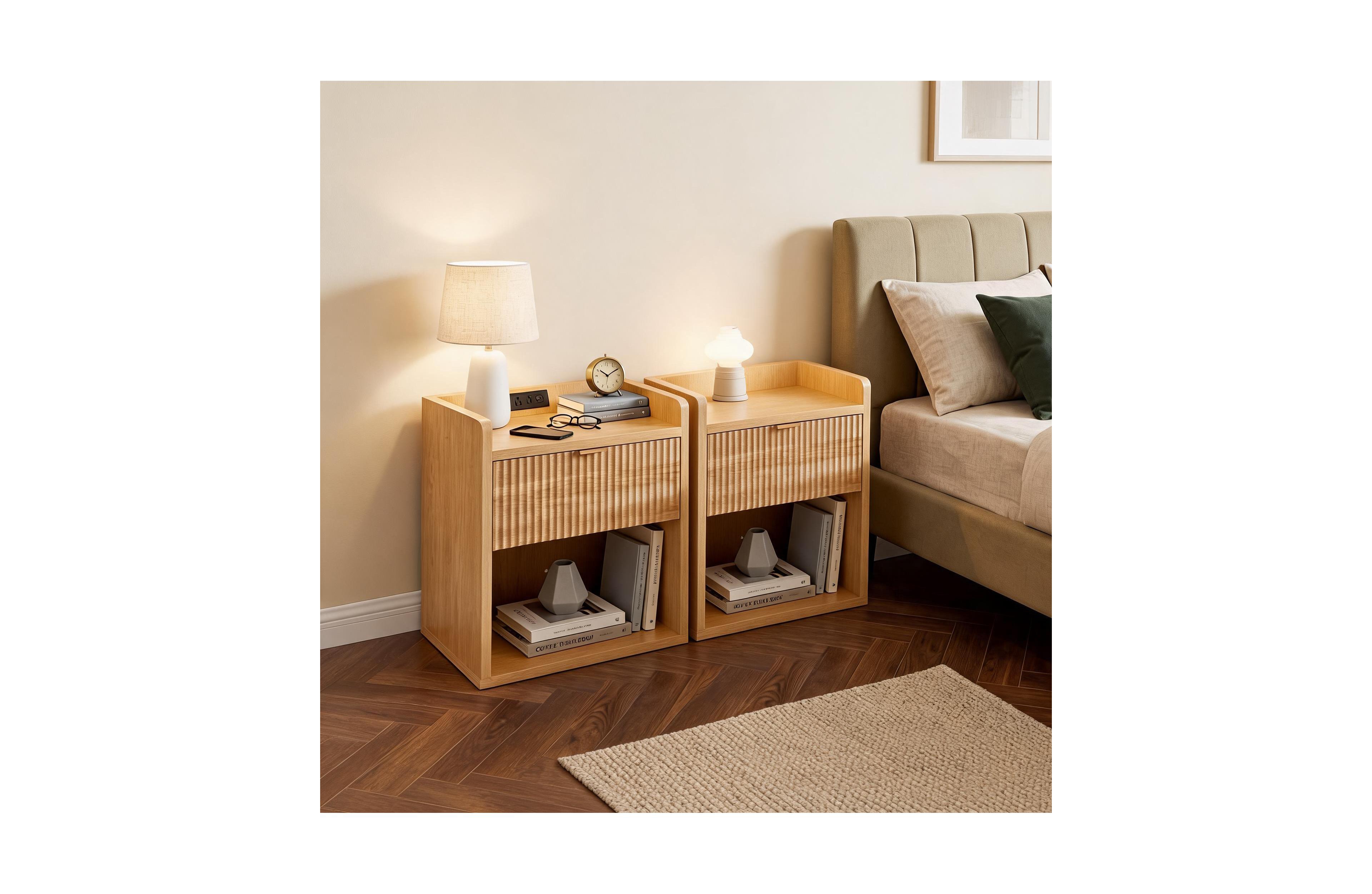 homfan Set of 2 Nightstands with Charging Station Wooden Bedside Table with Fluted Design and Storage Drawer, Modern Bedroom Furniture