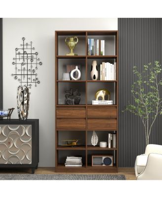 Open Cubby Bookcase with 4 Drawers, Tall Display Shelf Cabinet