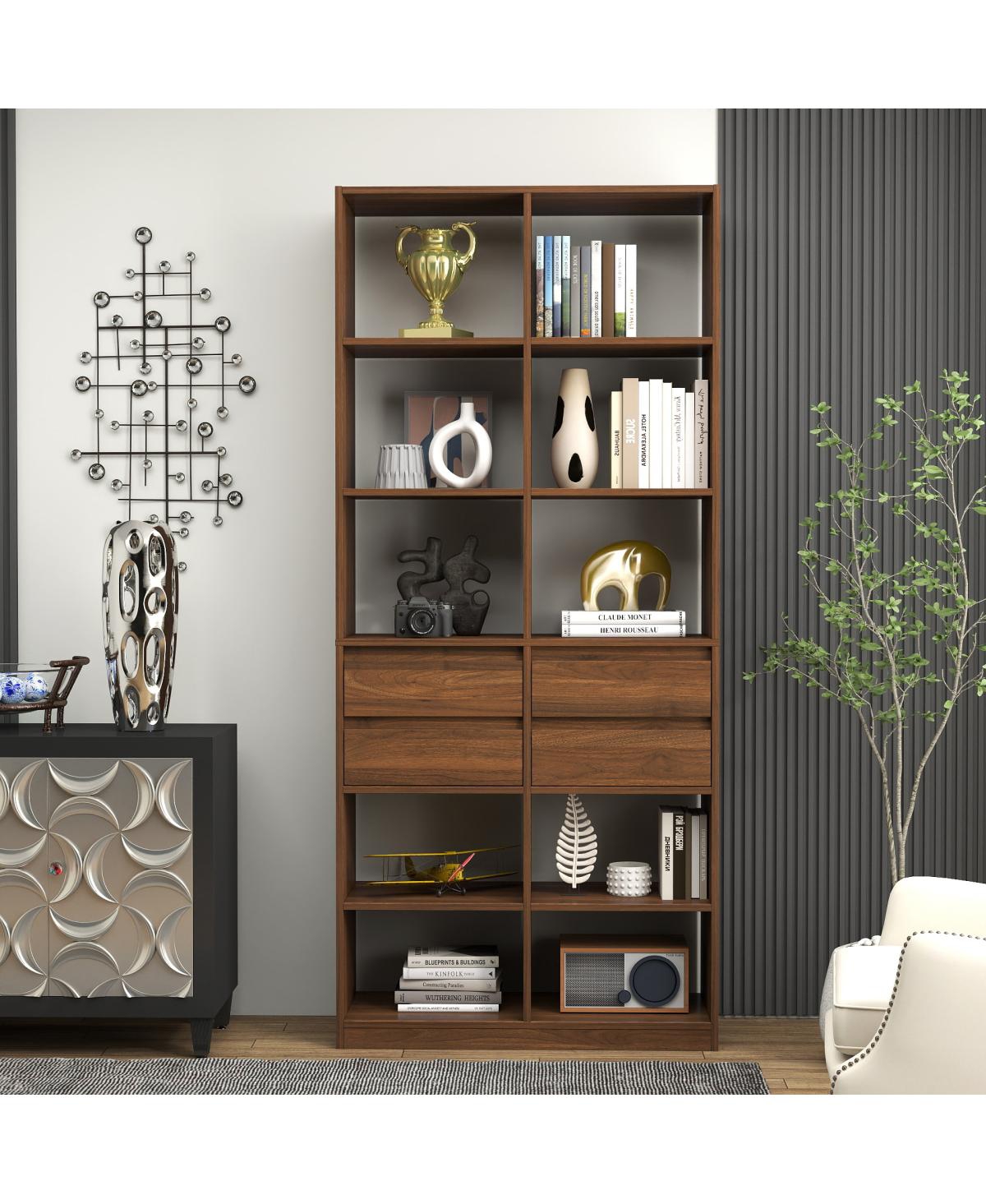 Streamdale Furniture Open Cubby Bookcase with 4 Drawers, Tall Display Shelf Cabinet