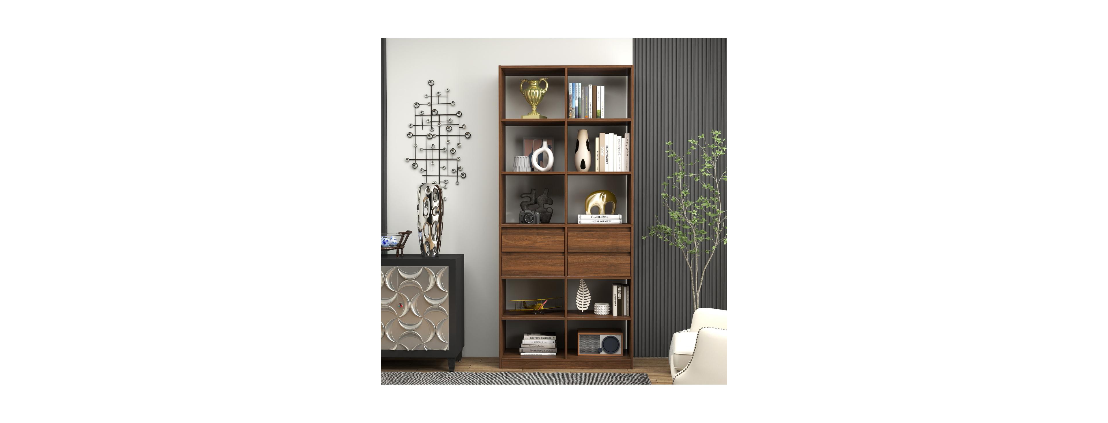 Streamdale Furniture Open Cubby Bookcase with 4 Drawers, Tall Display Shelf Cabinet