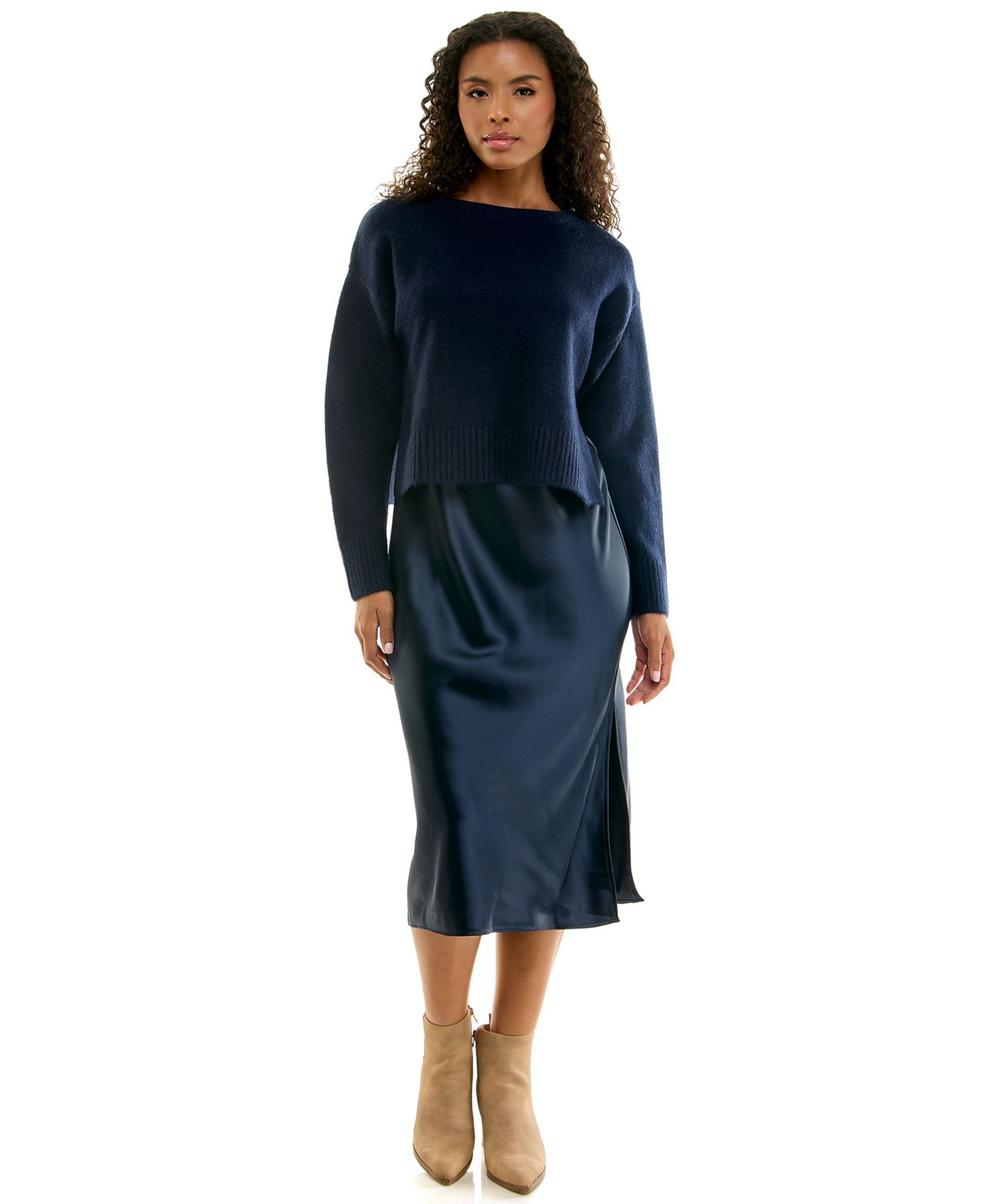 INVITEE Juniors' 2-Piece Satin Midi Slip & Pullover Sweater Set, цвет: Тёмно-синий — фото 1