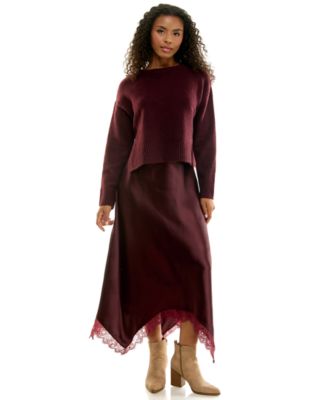 Juniors' Crewneck Lace-Trim Long-Sleeve Sweater and Satin Maxi Slip Dress, 2-Piece Set
