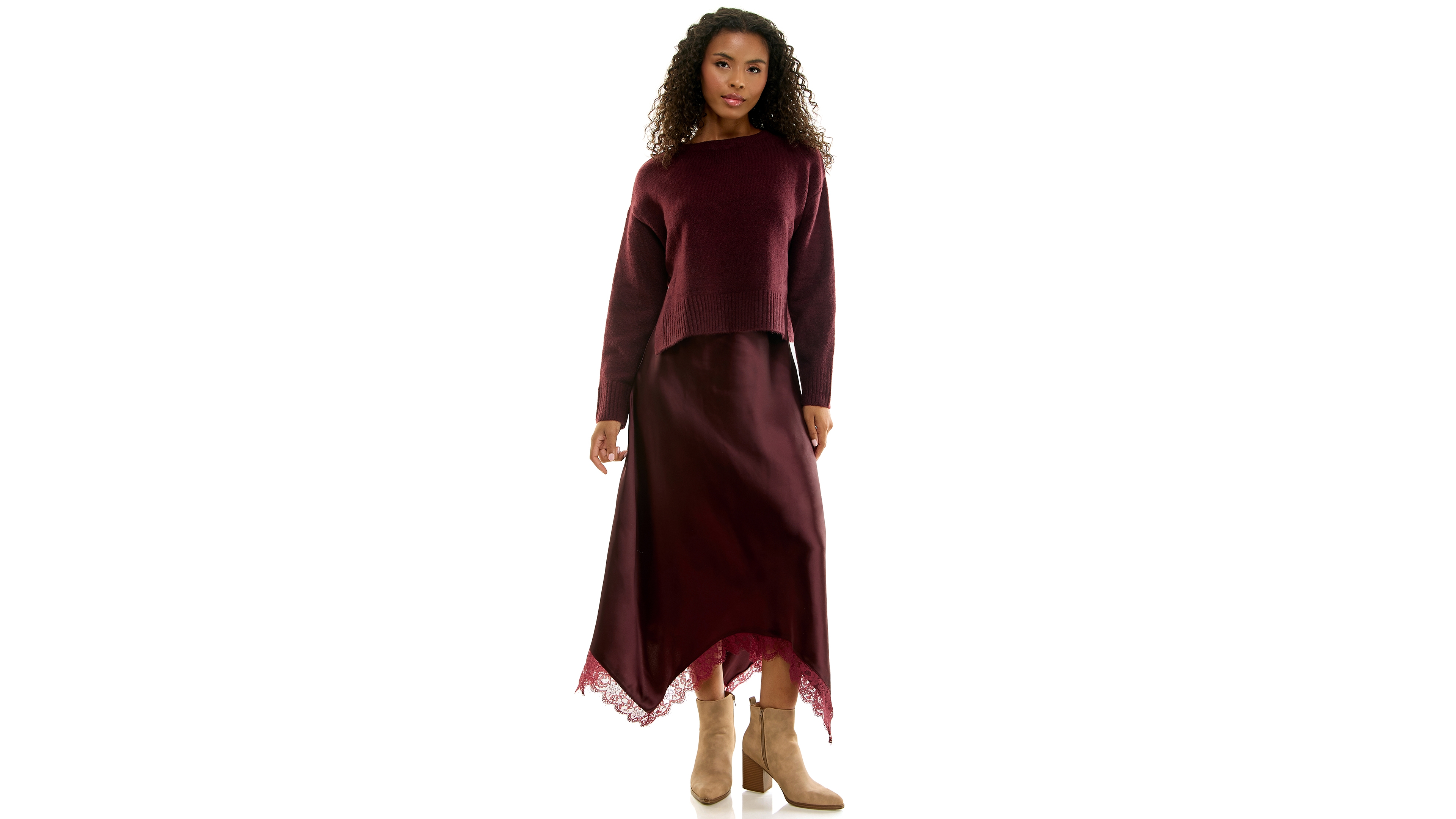Invitee Women's Crewneck Lace-Trim Long-Sleeve Sweater and Satin Maxi Slip Dress, 2-Piece Set, Created for Macy's